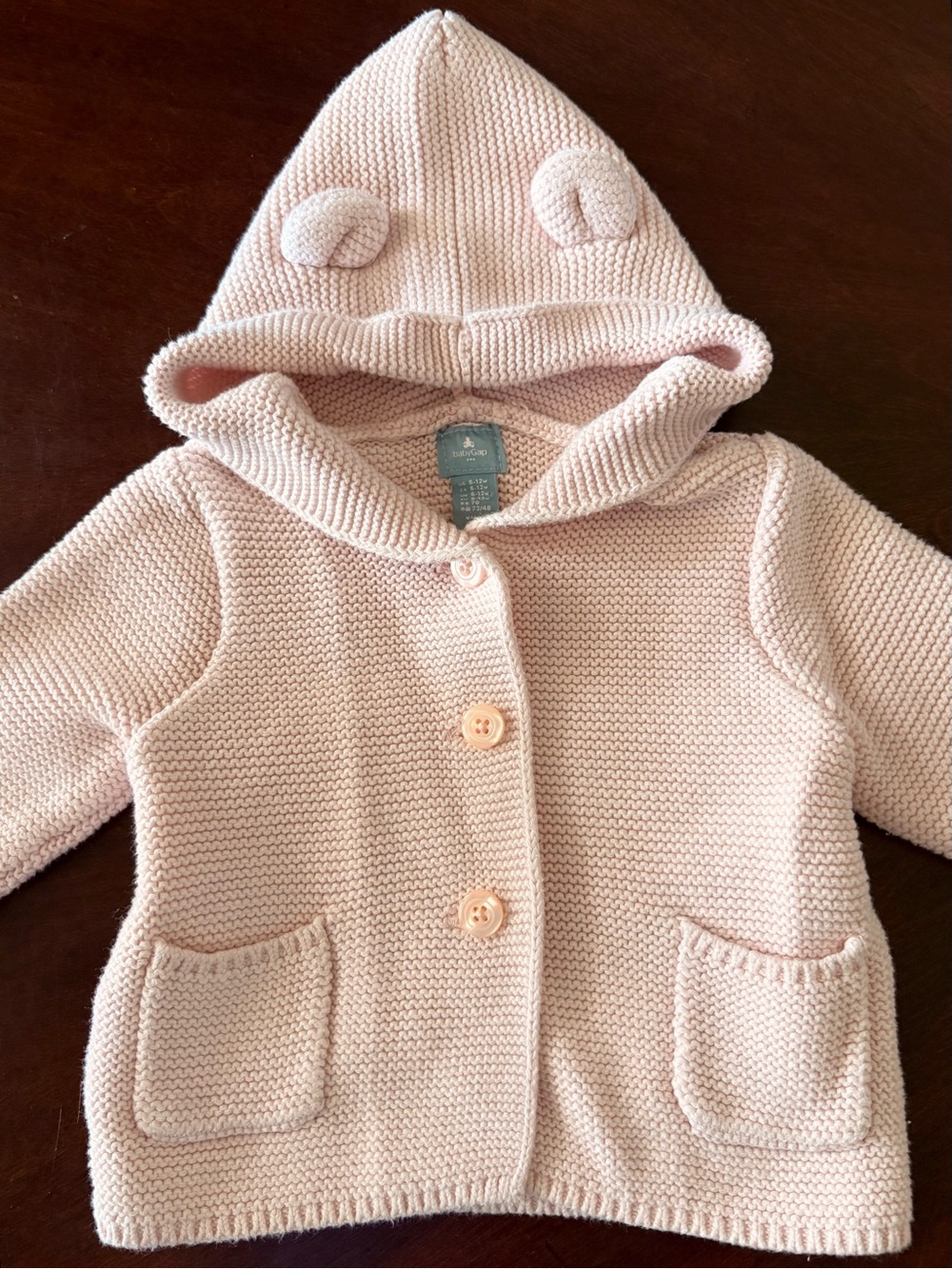 Baby Gap Pink Garter Knit Stitch Bear Ears Hooded Button Cotton Cardigan | 6-12